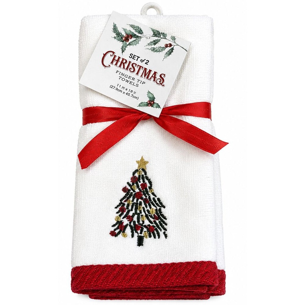 Christmas Tree Fingertip Towels Set of 2 White Embroidered 100% Cotton Guest